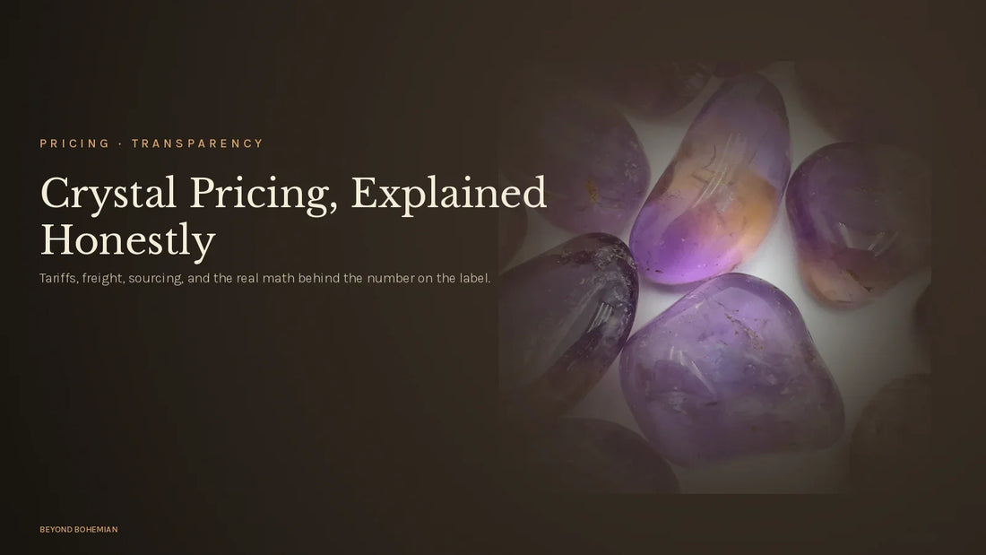 Tumbled ametrine on dark moody backdrop for crystal pricing transparency article