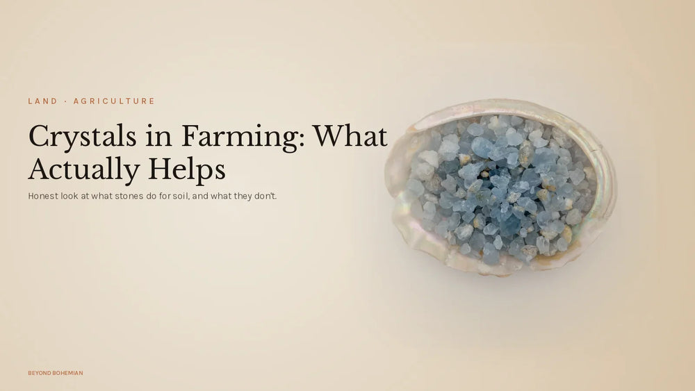 Raw celestite crystal on warm linen backdrop for crystals in farming article