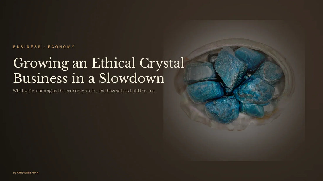 Tumbled blue apatite on dark moody backdrop for ethical crystal business during economic slowdown article