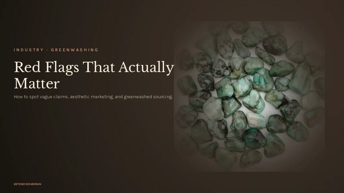 Tumbled emerald on dark moody backdrop for greenwashing crystal industry article