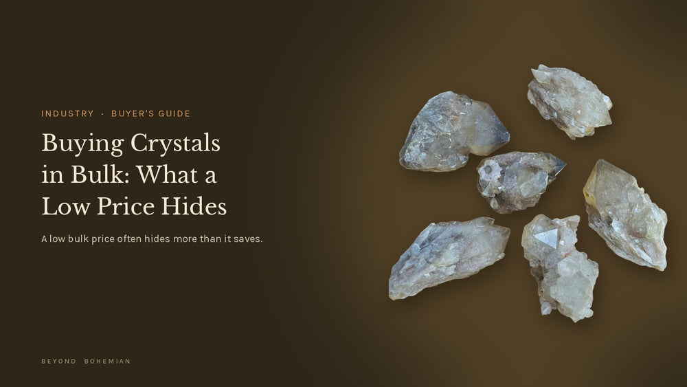 Natural citrine cluster isolated on a dark editorial backdrop for an article on buying crystals in bulk