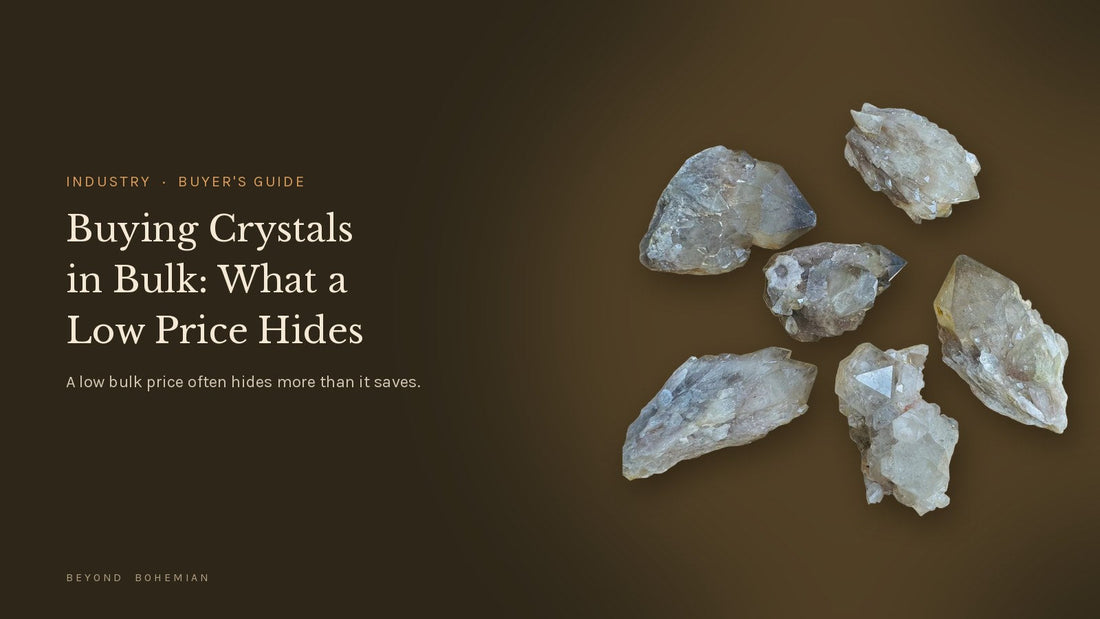 Natural citrine cluster isolated on a dark editorial backdrop for an article on buying crystals in bulk