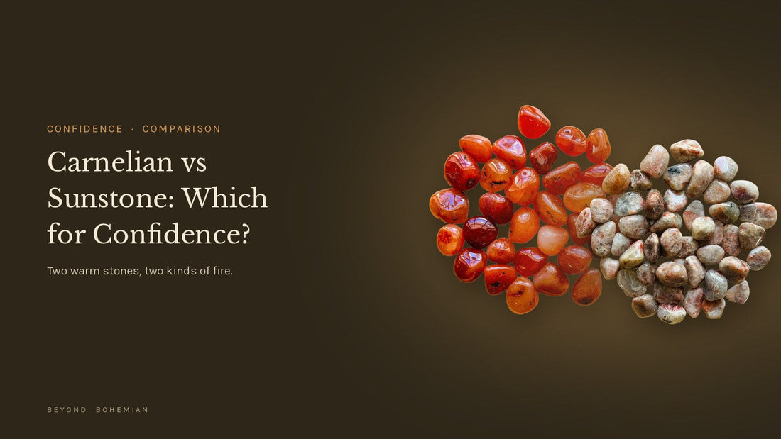 Carnelian and sunstone isolated side by side on a dark editorial backdrop for a confidence comparison