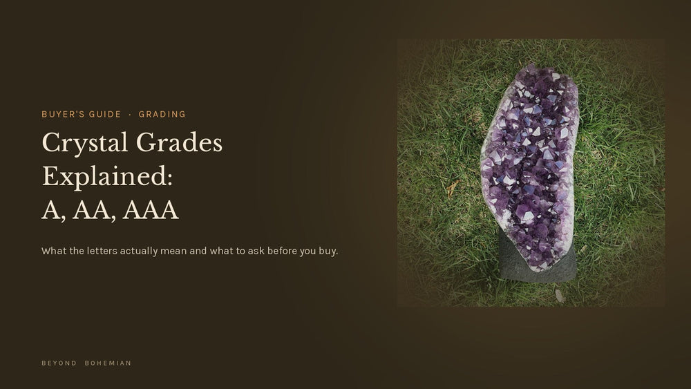 Amethyst cluster on dark moody backdrop for the Beyond Bohemian buyer's guide to crystal grading letters A AA and AAA