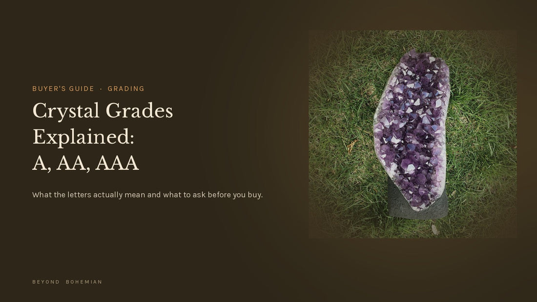 Amethyst cluster on dark moody backdrop for the Beyond Bohemian buyer's guide to crystal grading letters A AA and AAA