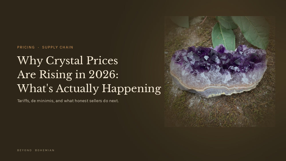 Brazilian amethyst cluster on dark background, crystal prices rising in 2026 due to tariffs and de minimis rule changes