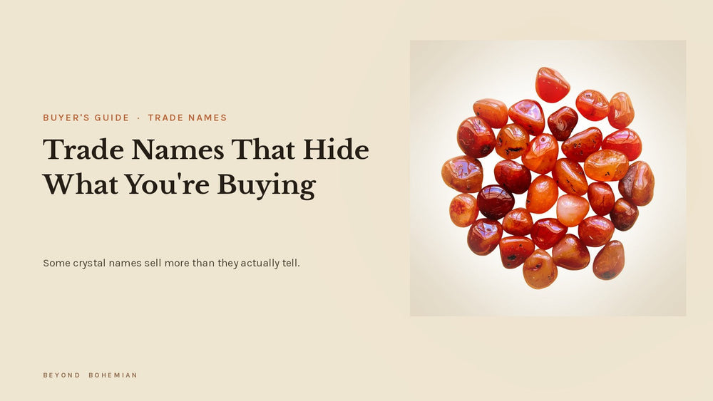 Carnelian tumbled stones on a warm linen background, for an article on crystal trade names and what product labels really mean