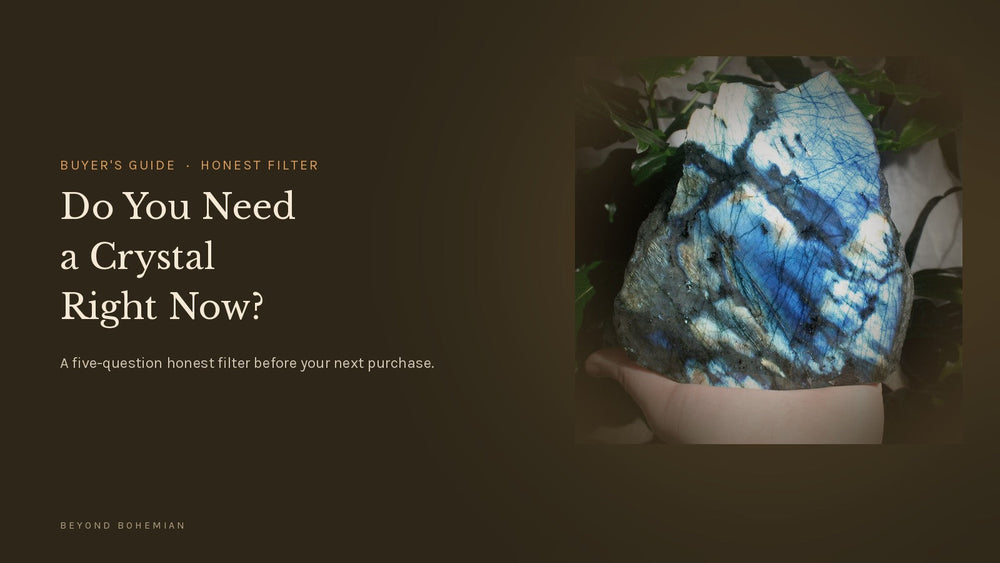 Labradorite slab with blue flash on a dark backdrop, hero image for a buyer-intent 5-question crystal filter article.