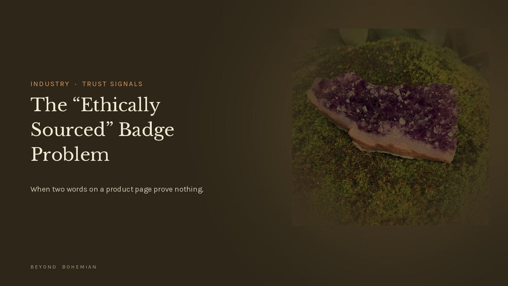 Amethyst cluster with warm sepia treatment for an article about ethically sourced badge claims in the crystal industry