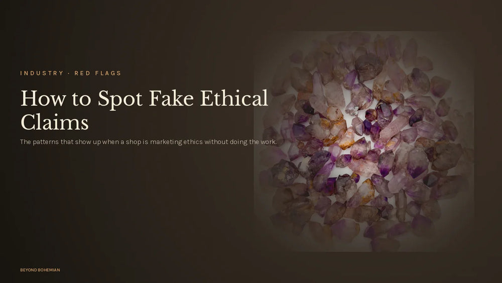 Raw smoky amethyst point on dark moody backdrop for how to spot fake ethical claims article