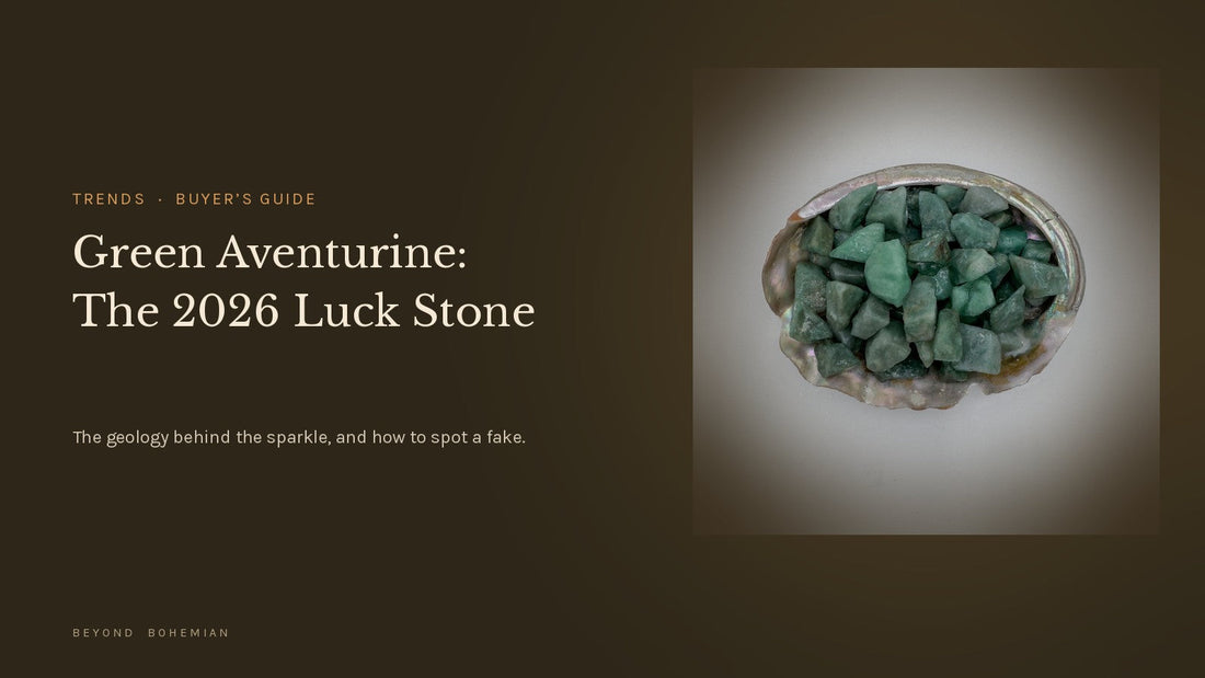 Raw green aventurine stones from Brazil in a white shell dish for a 2026 trend and buyer's guide article
