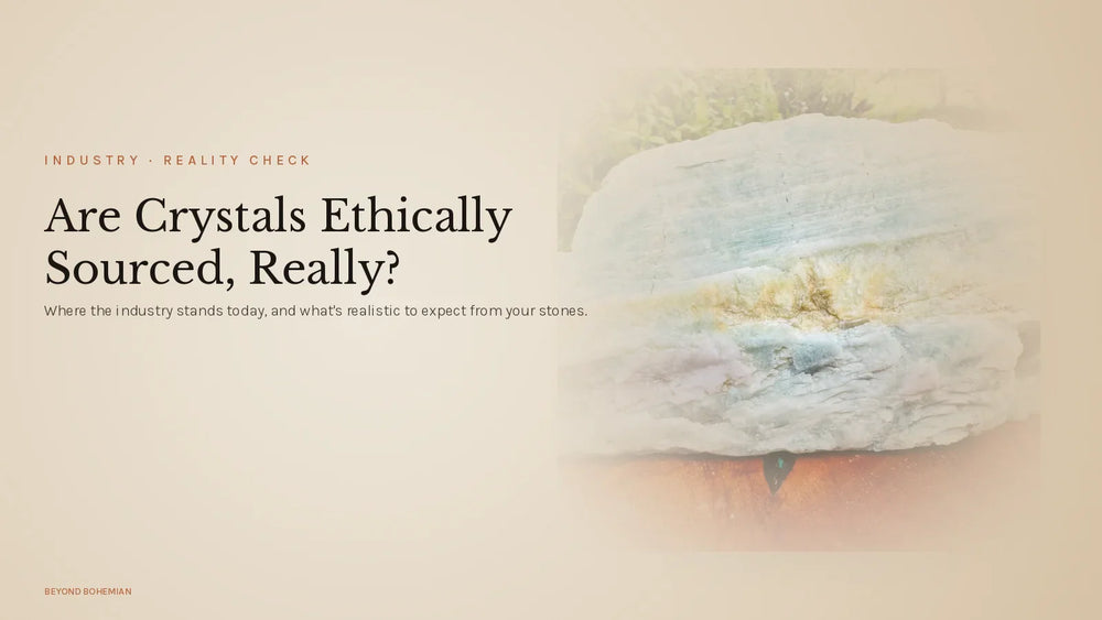 Raw aquamarine crystal on warm linen backdrop for are crystals ethically sourced article