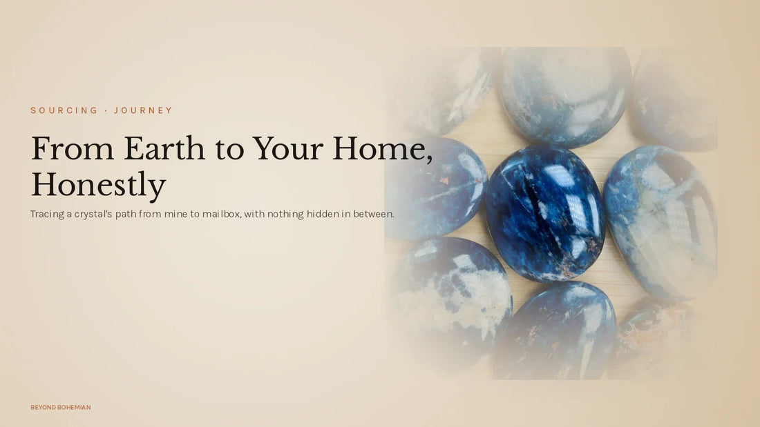 Raw sodalite stone on warm linen backdrop for from earth to your home crystal sourcing article