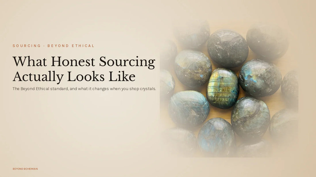 Polished labradorite stone on warm linen backdrop for honest crystal sourcing article