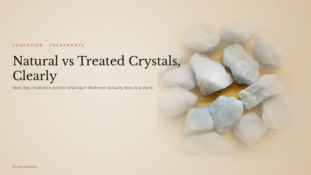 Blue calcite stone on warm linen backdrop for natural vs treated crystals article