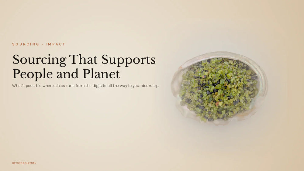 Raw peridot crystals on warm linen backdrop for crystal sourcing people and planet article