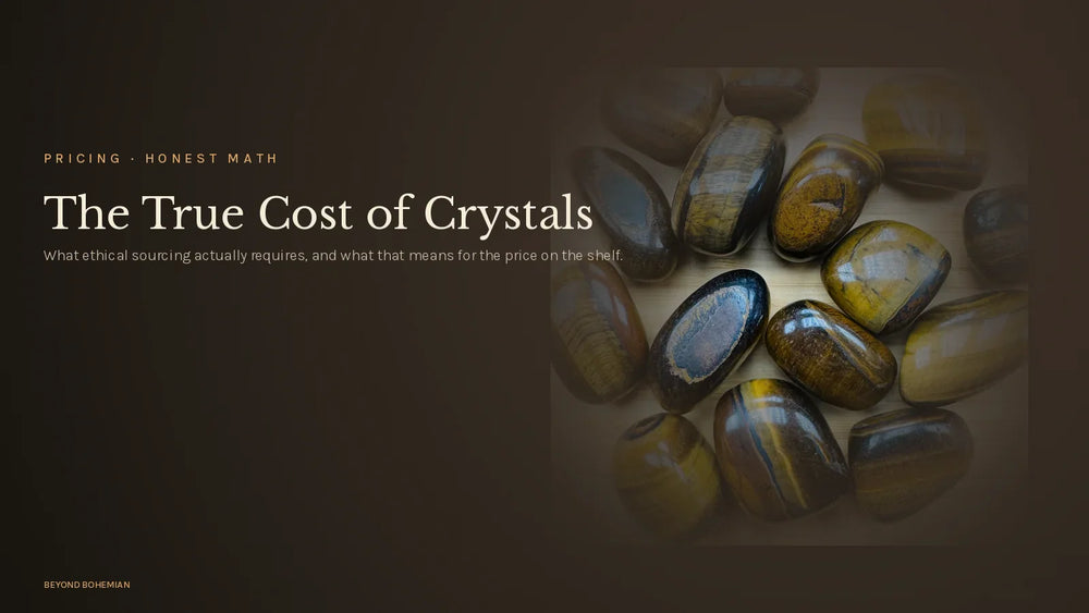 Tiger eye stone on dark moody backdrop for true cost of crystals article