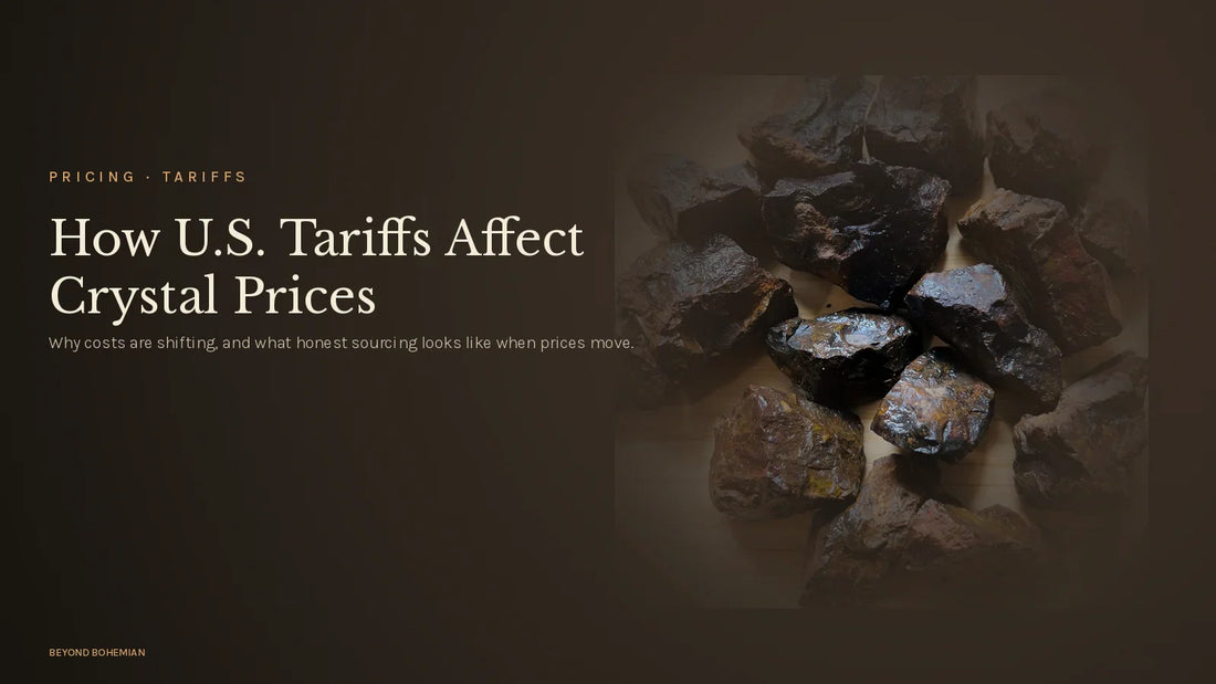 Raw hematite crystal on moody dark background for U.S. tariffs crystal pricing article