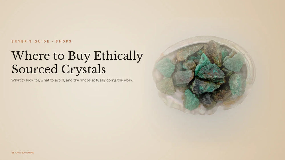 Raw chrysocolla crystal on warm linen backdrop for where to buy ethically sourced crystals article