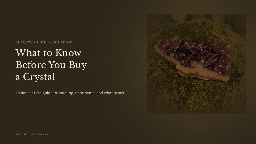 Raw amethyst cluster on warm dark backdrop for what to know before you buy a crystal honest field guide article