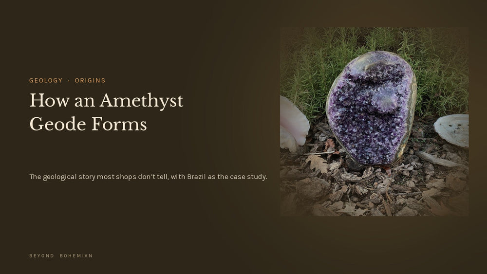 Brazilian amethyst geode cross-section on dark backdrop for the article on how amethyst geodes form