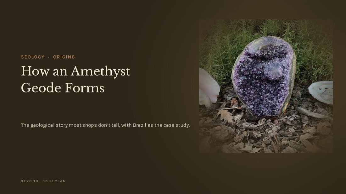 Brazilian amethyst geode cross-section on dark backdrop for the article on how amethyst geodes form