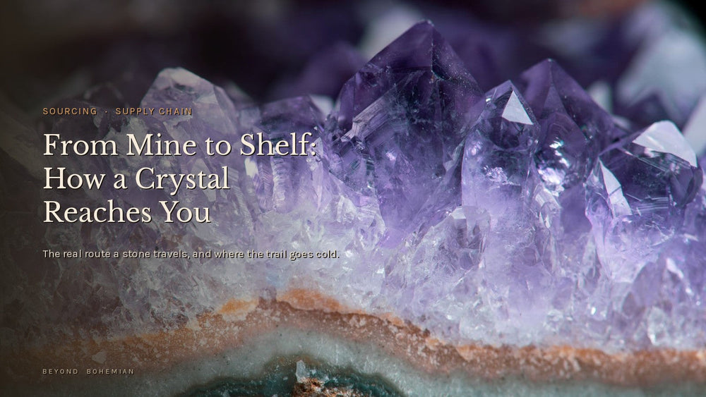 Raw amethyst geode with crystal points and agate rind, for an article on how crystals travel from the mine to the shelf
