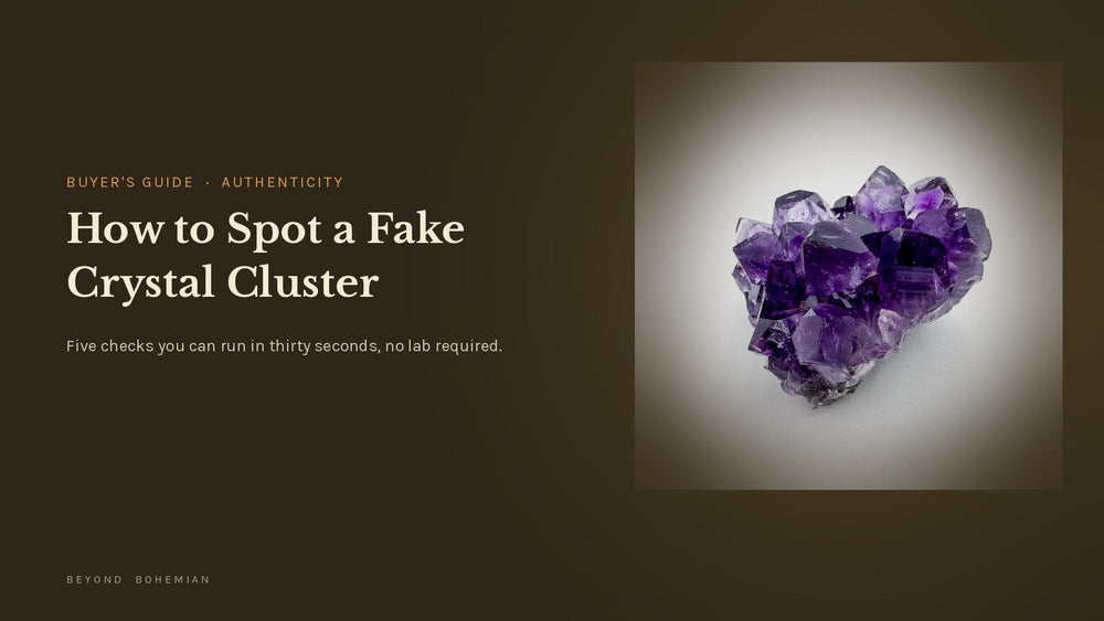 How to spot a fake crystal cluster, five tells to check, with a natural Uruguayan amethyst cluster