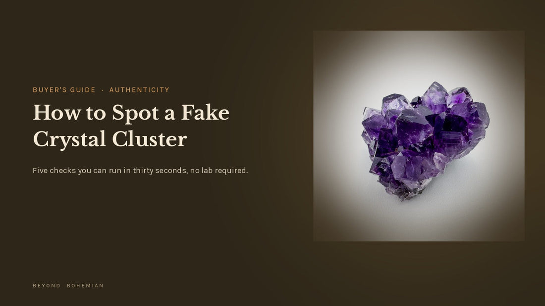 How to spot a fake crystal cluster, five tells to check, with a natural Uruguayan amethyst cluster