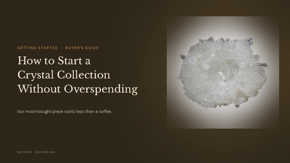 Raw clear quartz cluster on a dark backdrop for an article on how to start a crystal collection