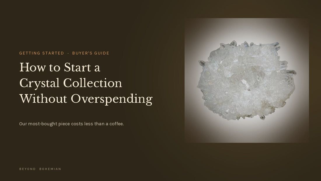 Raw clear quartz cluster on a dark backdrop for an article on how to start a crystal collection