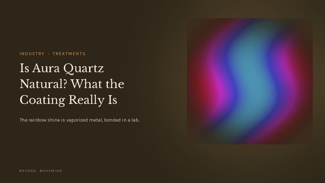 Iridescent aura quartz coating sheen on a dark backdrop for an article on how aura quartz is made