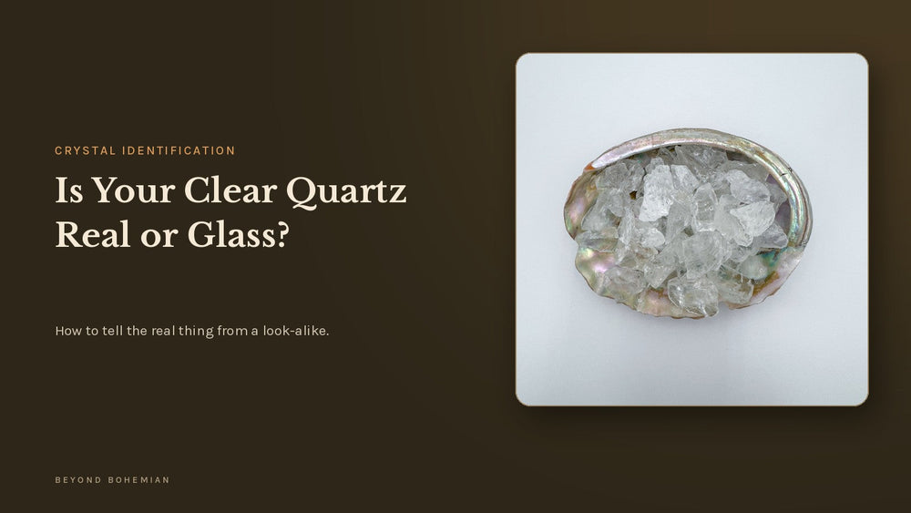 Raw clear quartz crystals in a white dish for a clear quartz versus glass identification article