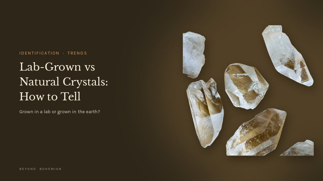 Clear quartz points isolated on a dark editorial backdrop for an article on telling lab-grown from natural crystals
