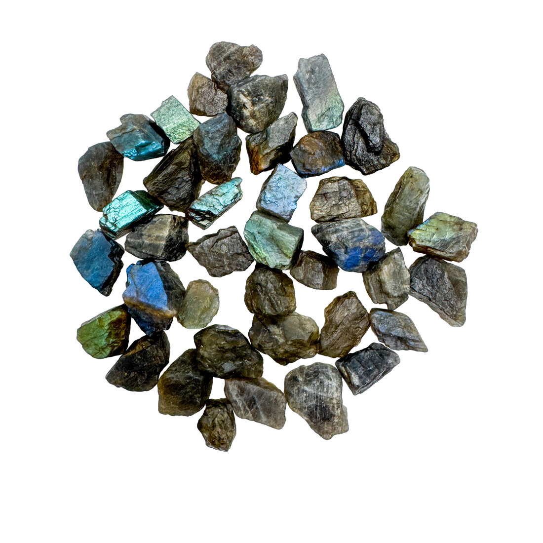 Raw AA labradorite pieces from Atsimo-Andrefana, Madagascar, several showing blue flash, on a transparent background