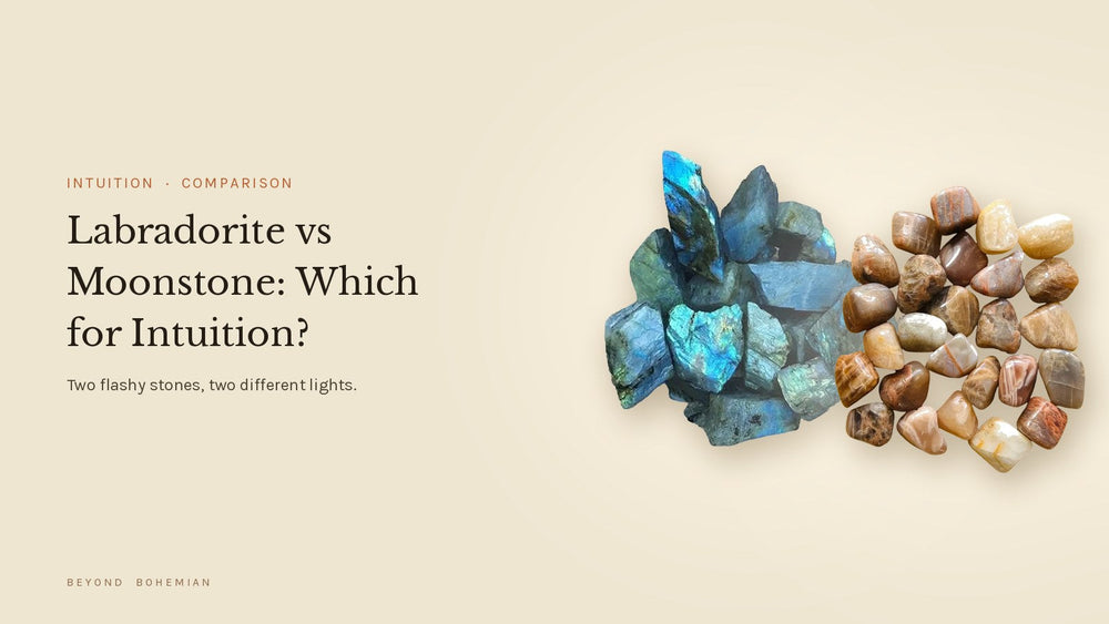 Labradorite and moonstone isolated side by side on a warm linen backdrop for an intuition comparison