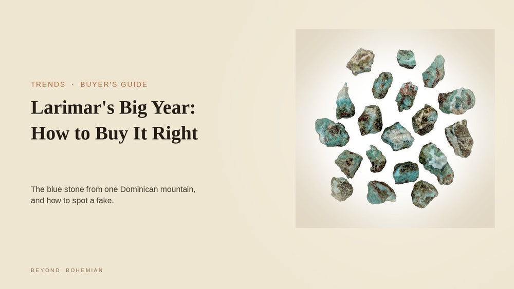 Raw blue Larimar stones from the Dominican Republic on a cream background, for an article on how to spot real Larimar
