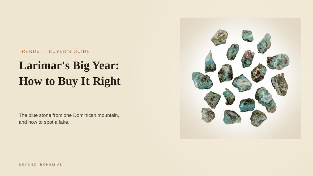 Raw blue Larimar stones from the Dominican Republic on a cream background, for an article on how to spot real Larimar