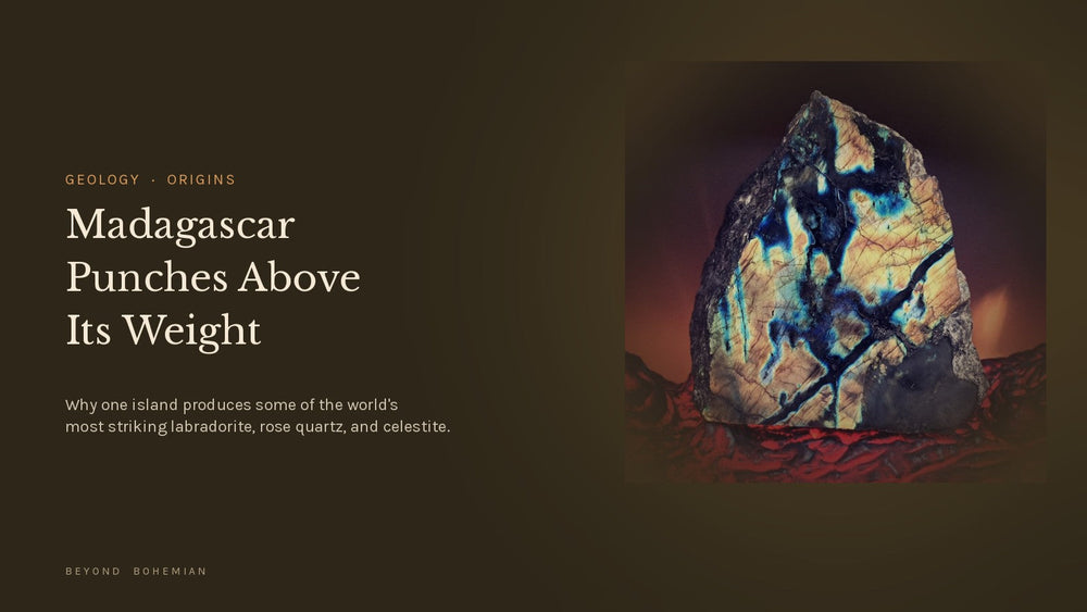 Polished Madagascar labradorite slab showing strong blue and gold flash, on a dark moody backdrop, for the Beyond Bohemian Journal article on Madagascar's crystal geology.