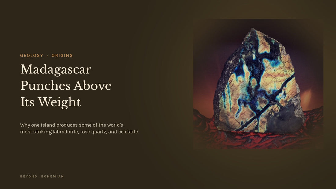 Polished Madagascar labradorite slab showing strong blue and gold flash, on a dark moody backdrop, for the Beyond Bohemian Journal article on Madagascar's crystal geology.