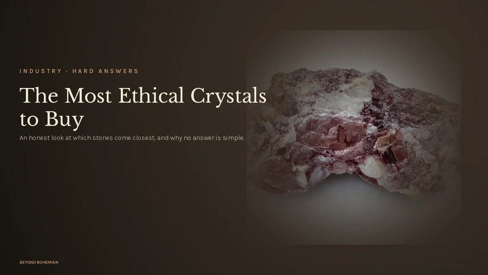 Raw lepidolite cluster on dark moody backdrop for most ethical crystals article