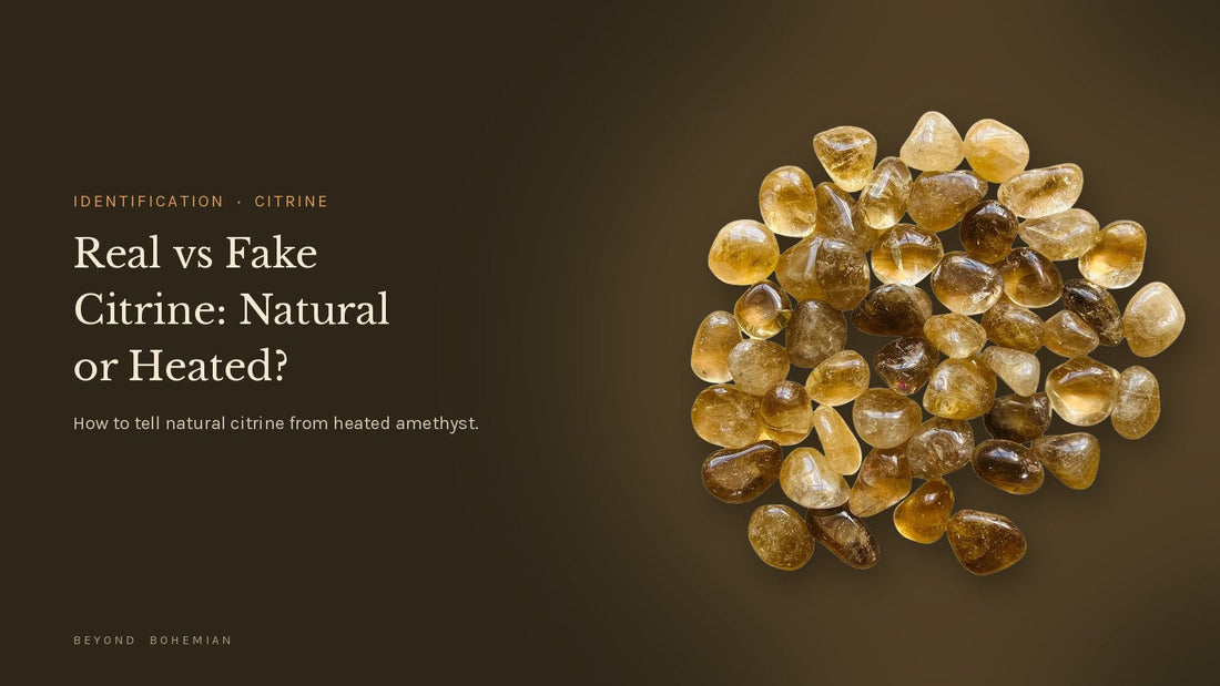 Natural citrine tumbled stones isolated on a dark editorial backdrop for an article on telling real citrine from heated amethyst