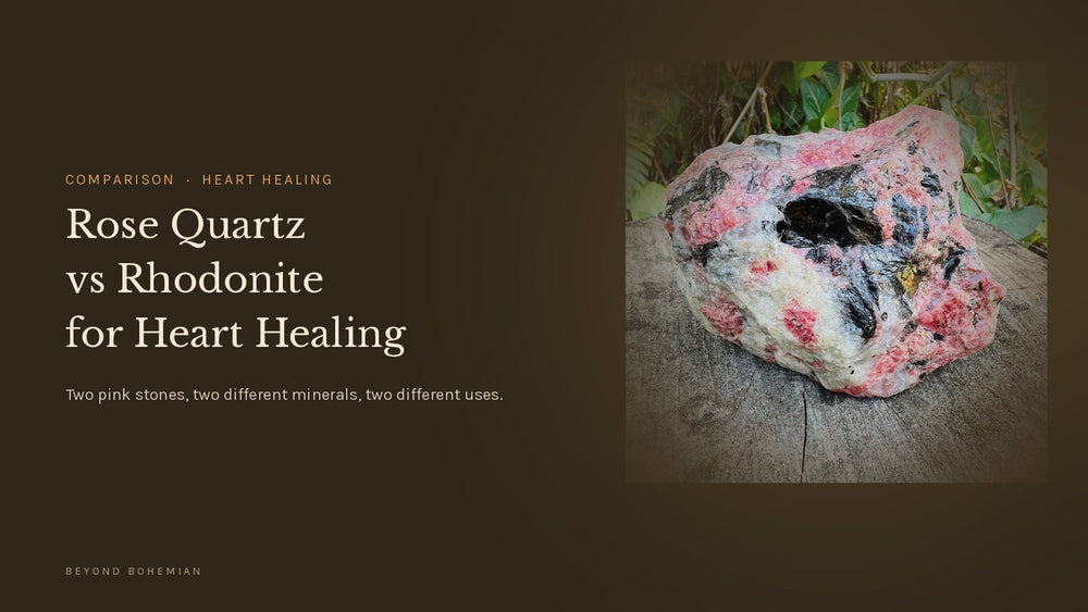 Raw rhodonite specimen with characteristic black manganese veining through pink, on a dark moody backdrop, hero image for a Rose Quartz vs Rhodonite comparison article.