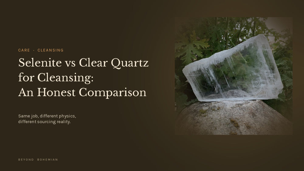 Translucent selenite slab on a stone outdoors with dark moody backdrop, illustrating the selenite vs clear quartz cleansing comparison