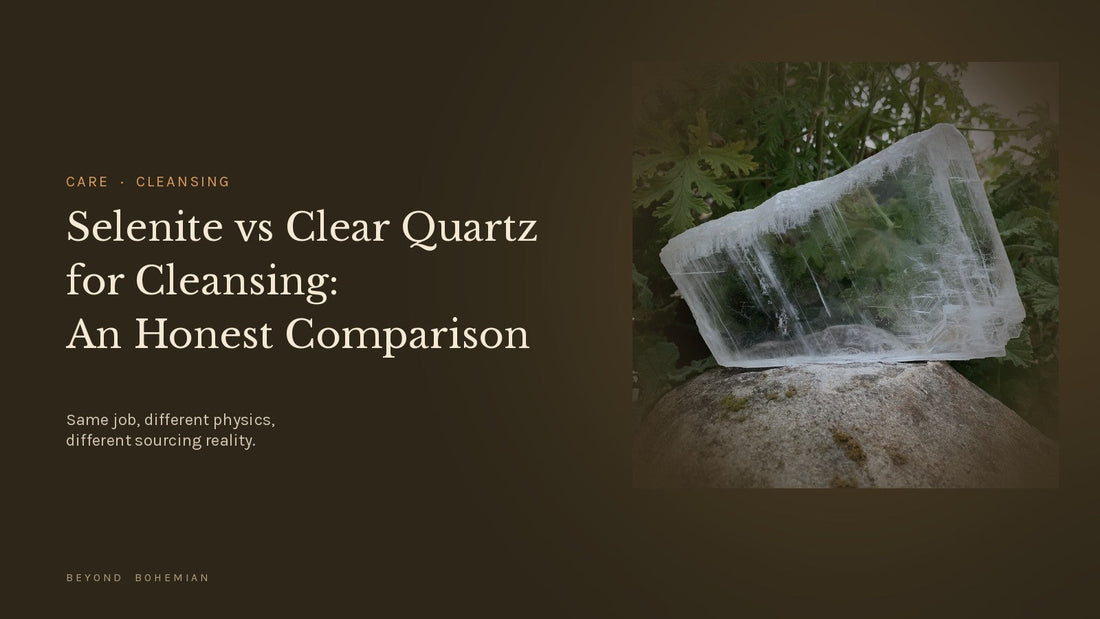Translucent selenite slab on a stone outdoors with dark moody backdrop, illustrating the selenite vs clear quartz cleansing comparison