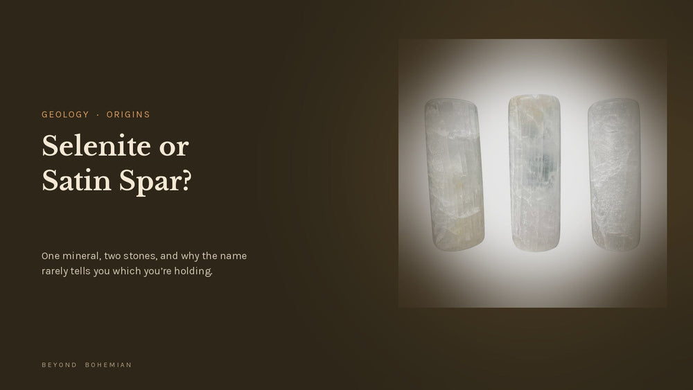 Polished selenite (satin spar) towers on white for an article on selenite versus satin spar