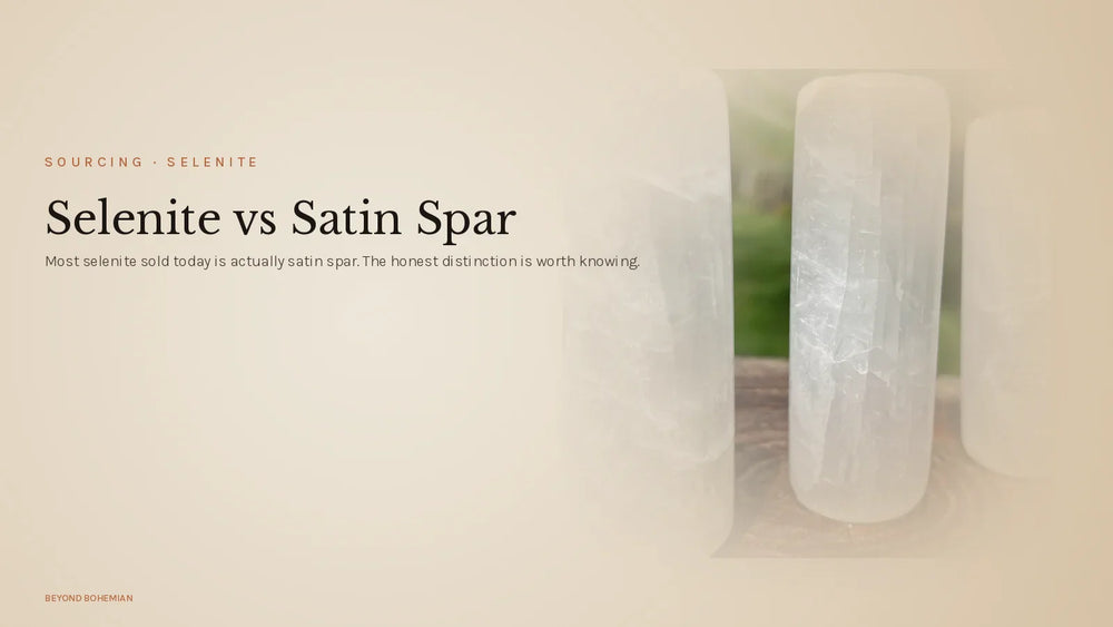 Polished selenite tower on warm linen backdrop for selenite vs satin spar sourcing article