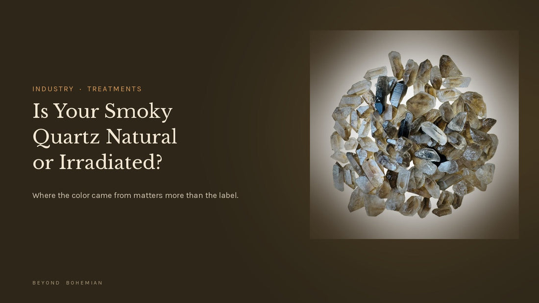 Raw smoky quartz crystal points on a soft white backdrop, illustrating natural versus irradiated smoky quartz