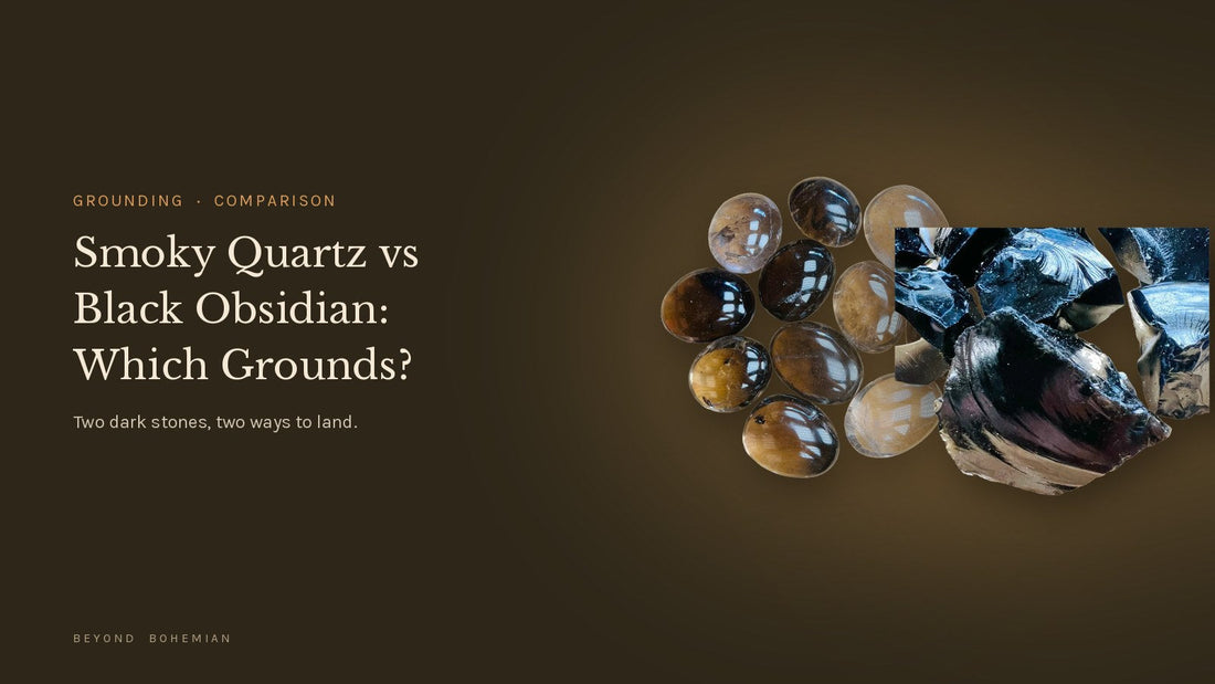 Smoky quartz and black obsidian isolated side by side on a dark editorial backdrop for a grounding comparison