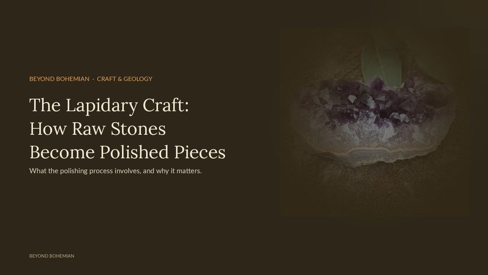 Amethyst crystal cluster on dark moody backdrop for article about the lapidary craft and how stones are polished